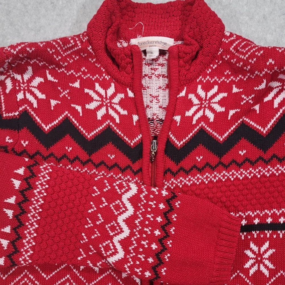 Breckenridge Womens Petite PL Full Zip Red Knit Sweater Nordic Snowflakes